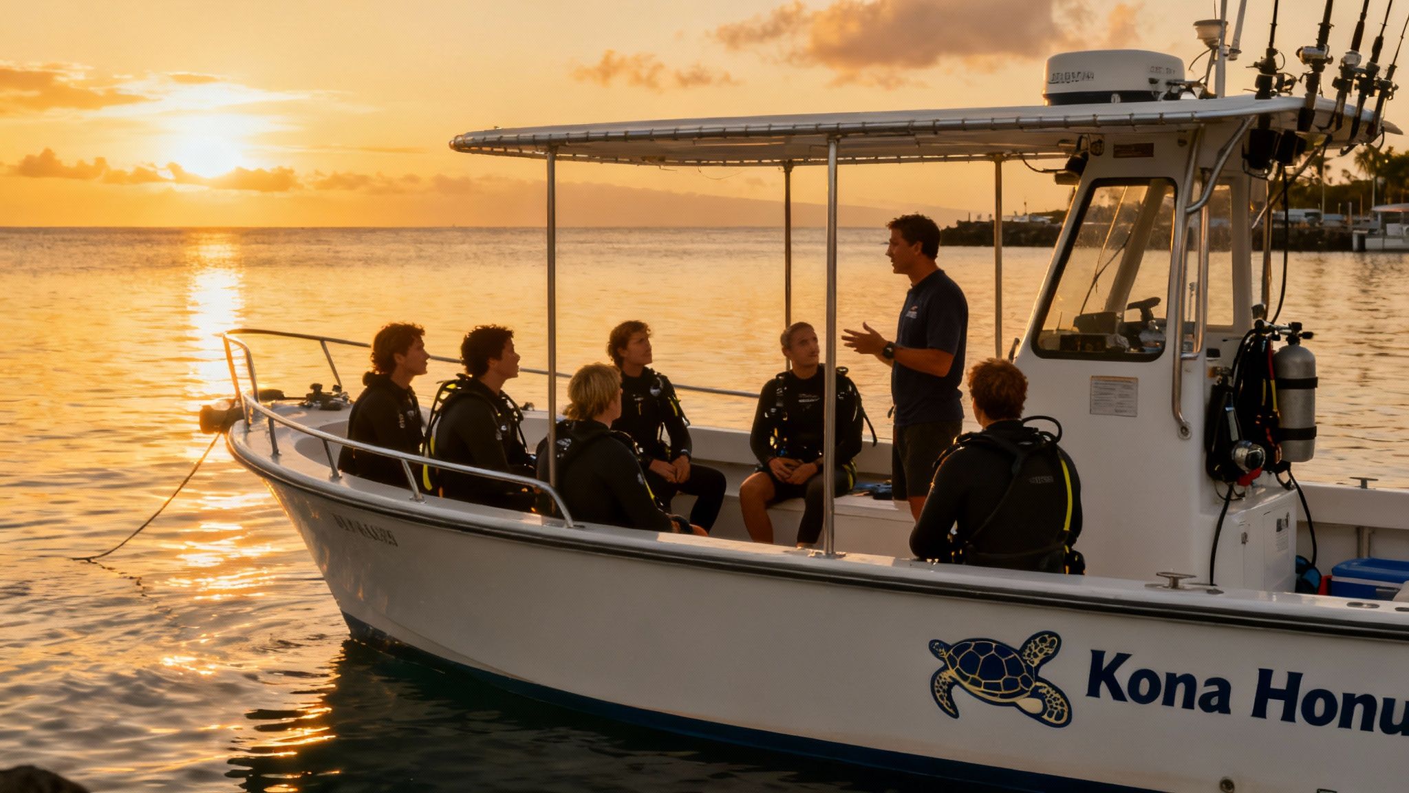 Divers and snorkelers watching a manta ray glide overhead in the dark waters of Kona, Hawaii