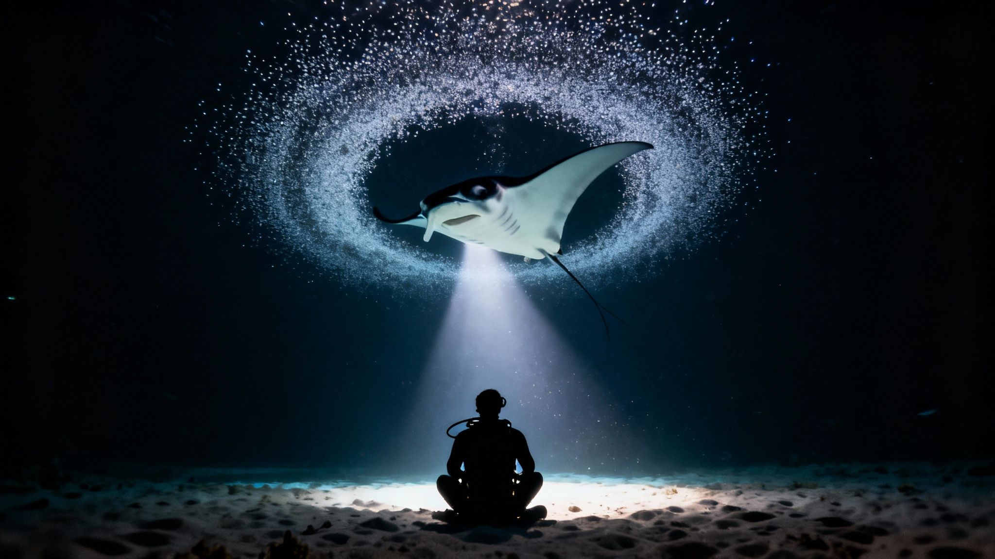 A group of scuba divers watching several manta rays feed at night in Kona, Hawaii.