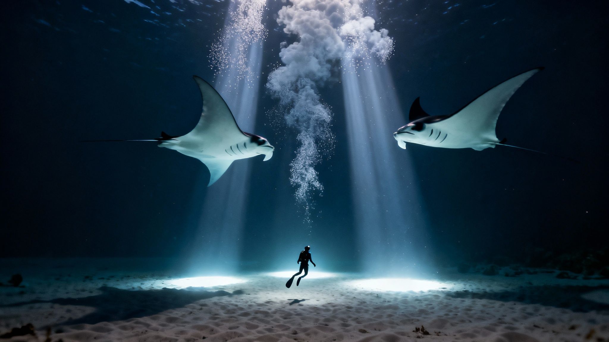 A diver surrounded by two majestic manta rays and bright spotlights on a sandy ocean floor at night.