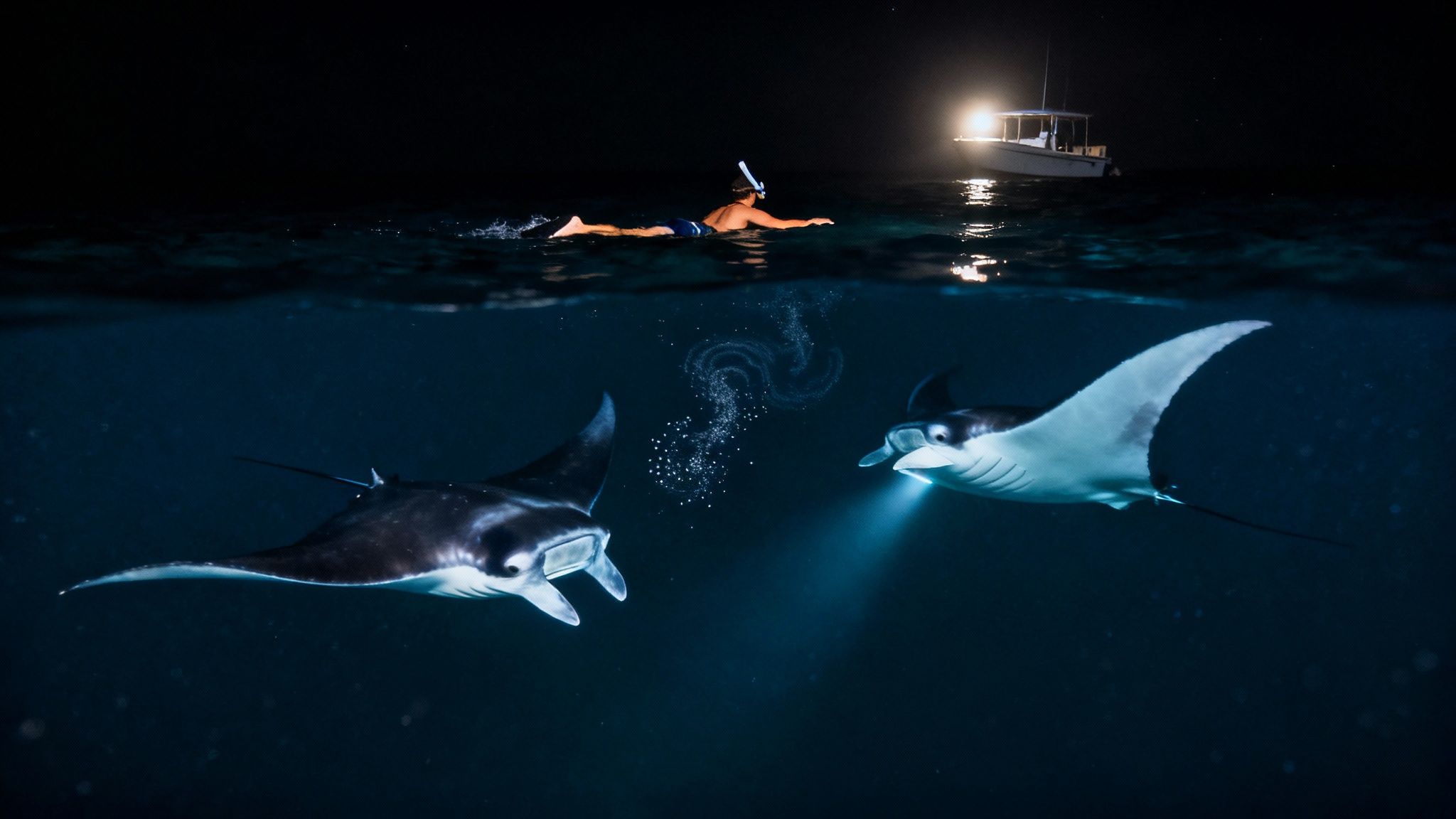 A large manta ray with its mouth open swims gracefully near the surface of the dark ocean, illuminated by bright lights from a tour boat.