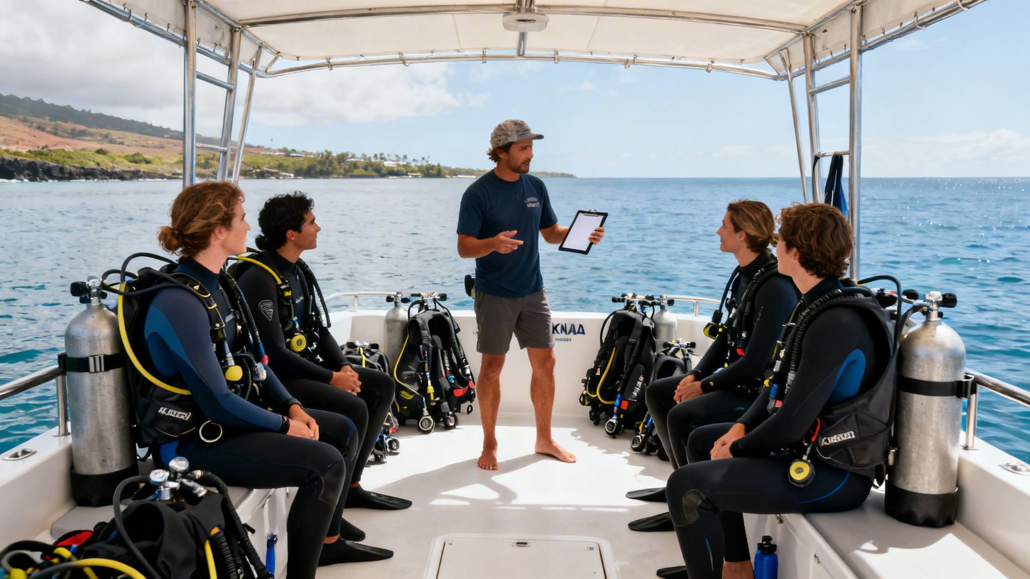 A diving instructor briefs six divers in wetsuits and scuba gear on a boat.