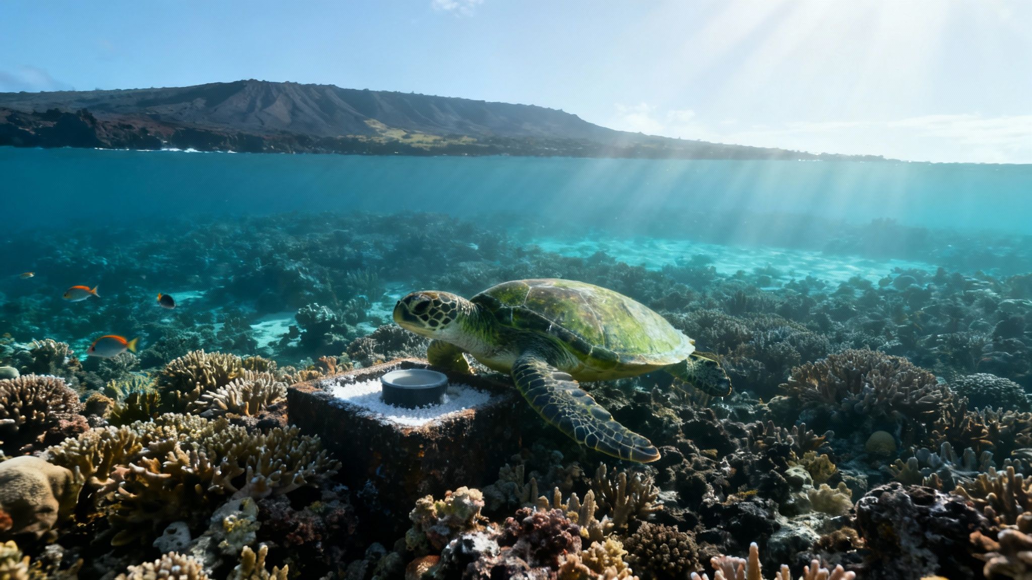 A school of yellow tang fish swims over a vibrant coral reef in clear blue water.