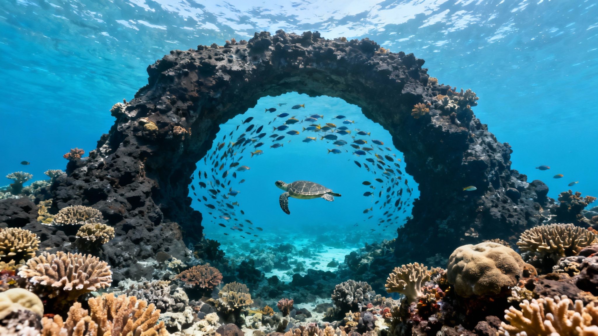 A scuba diver explores a vibrant coral reef teeming with fish near the Captain Cook monument in Kealakekua Bay, Hawaii.