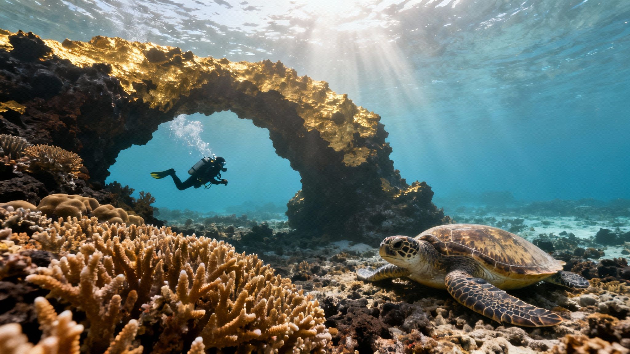 A diver explores an underwater coral arch bathed in sun rays, with a sea turtle resting on the seabed.