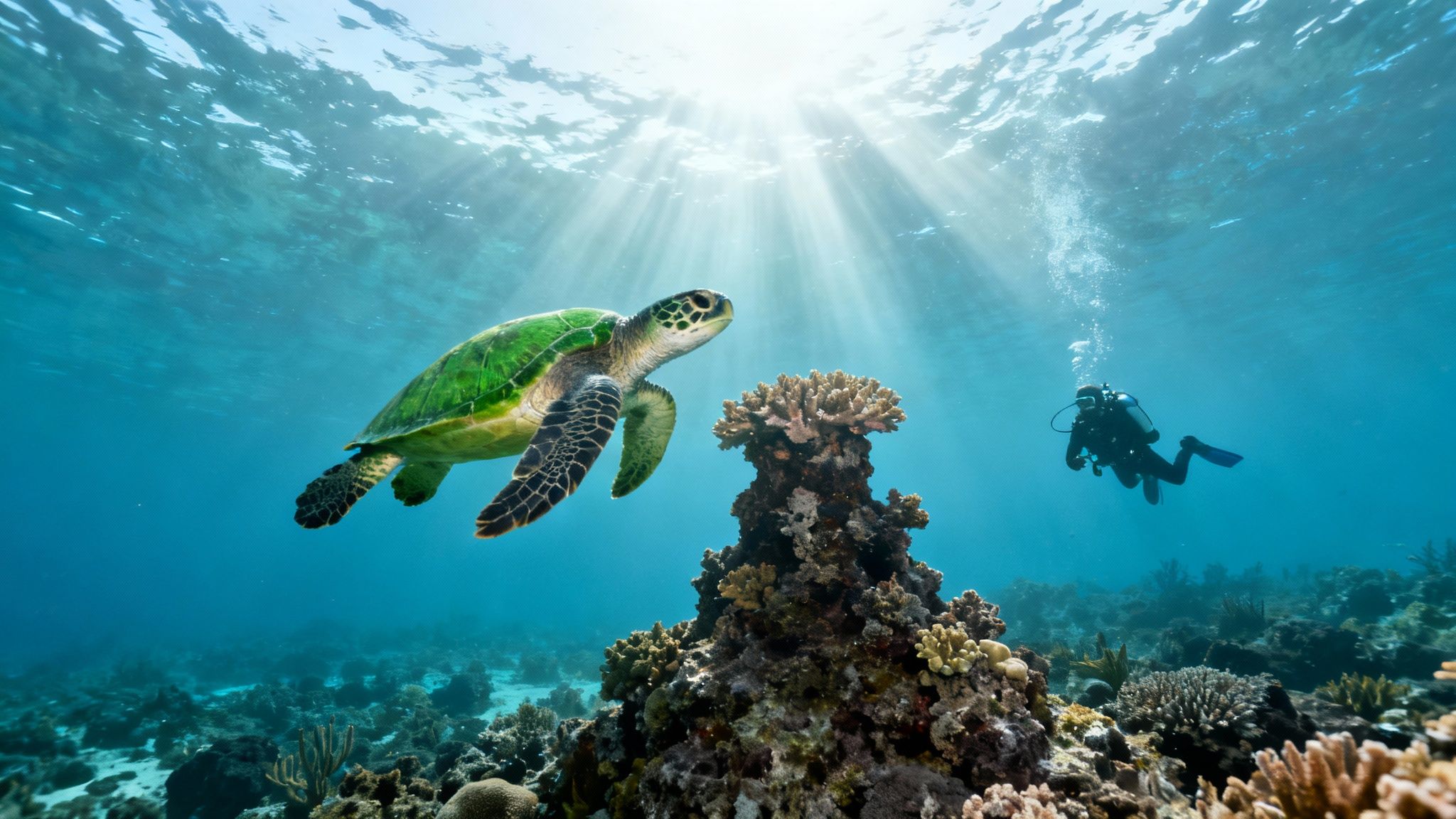 A scuba diver explores a vibrant coral reef teeming with colorful fish and marine life.