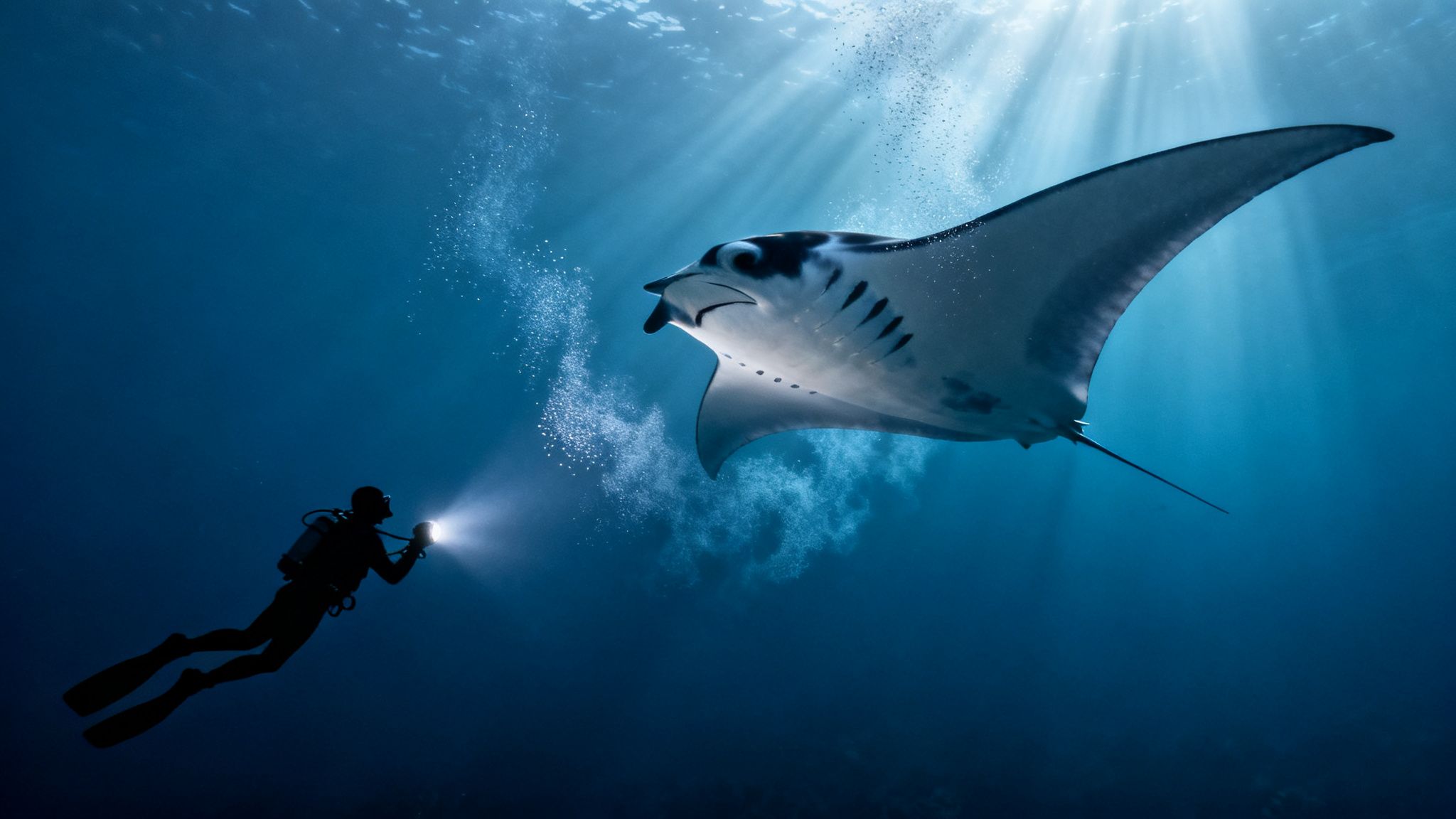 A scuba diver illuminates a majestic manta ray with a flashlight underwater, surrounded by sunbeams.