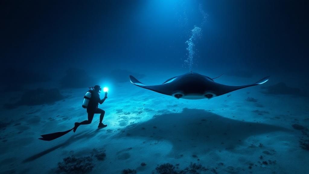 Group of scuba divers watching a large manta ray swim overhead at night