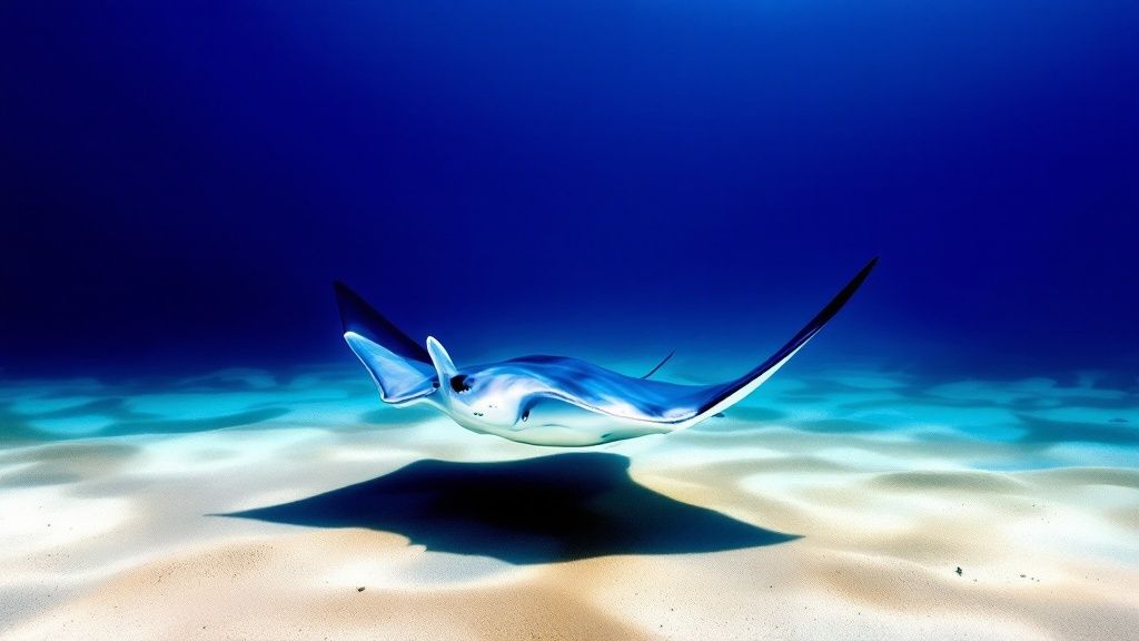 Divers watch a giant manta ray glide overhead during the famous night dive in Kona, Hawaii.