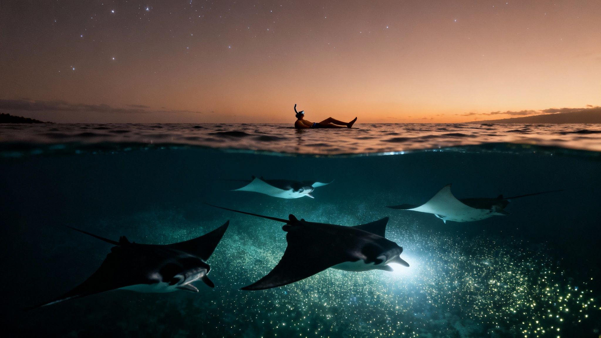 Stunning split-level shot: person snorkeling under starry sky, several glowing manta rays swimming below.