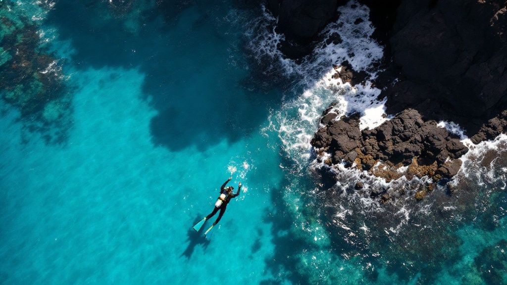 A scuba diver swims gracefully near a large coral reef formation under the clear blue waters of Kona.