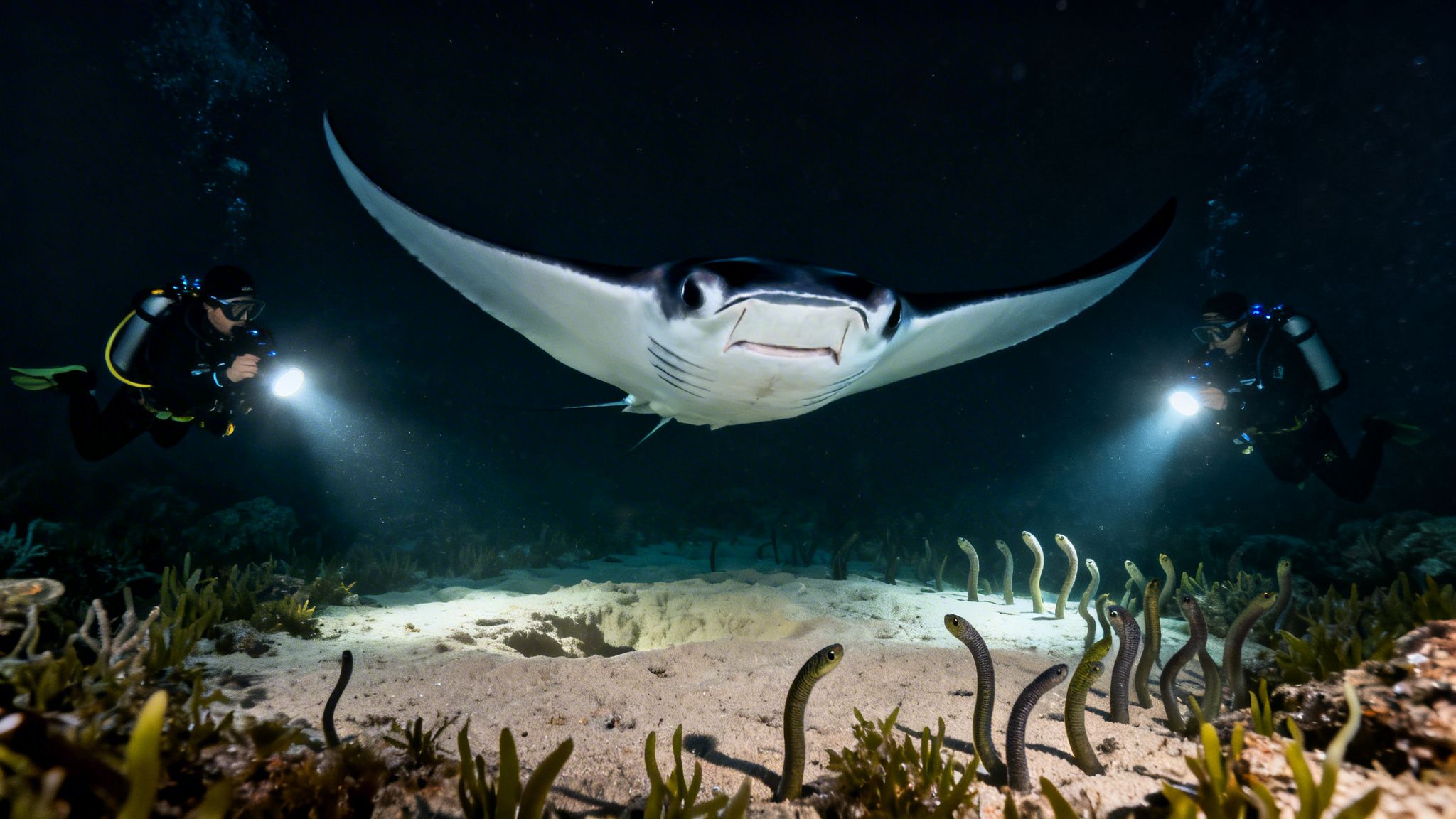 Two divers illuminate a majestic manta ray and garden eels during a thrilling night dive.