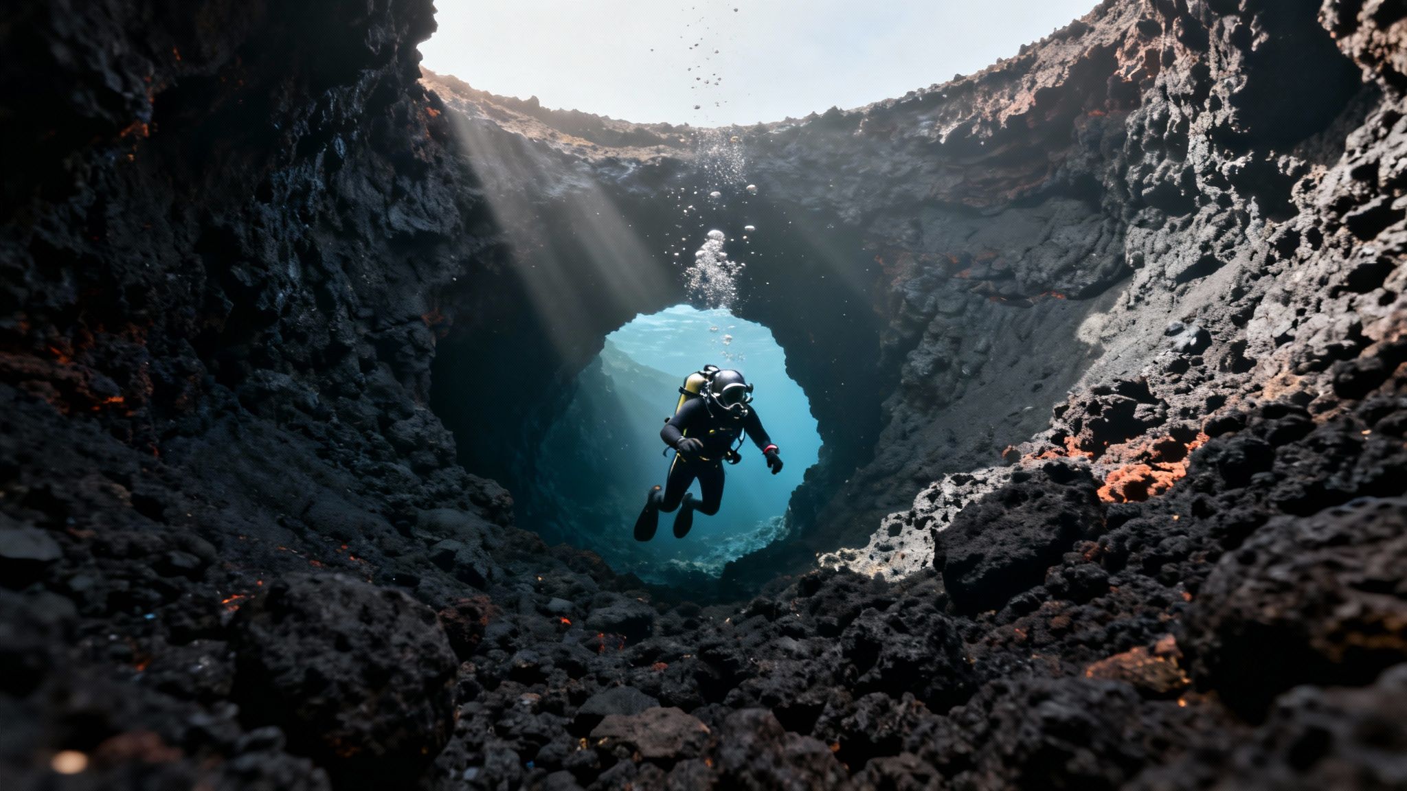 A scuba diver explores a dark underwater lava tube with a flashlight