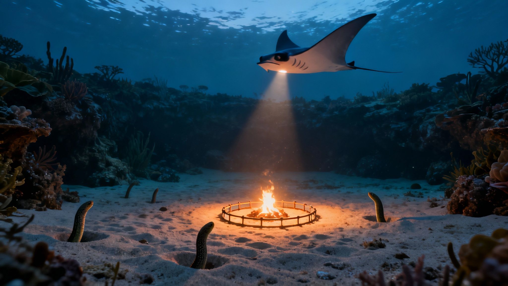 A manta ray illuminates an underwater campfire surrounded by garden eels on the ocean floor.