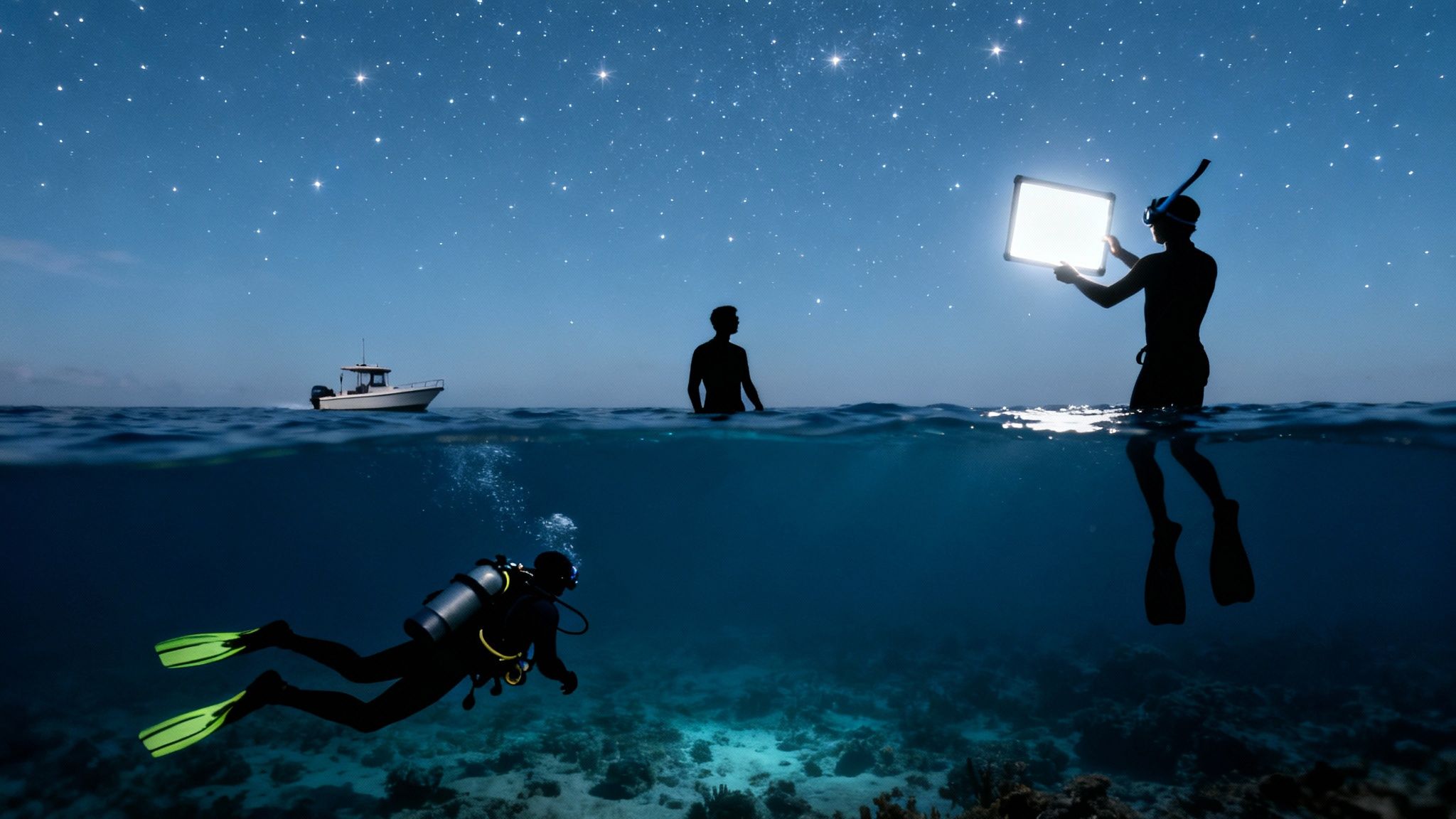 A group of snorkelers hold onto a light board, watching a manta ray swim beneath them in the dark Kona waters.