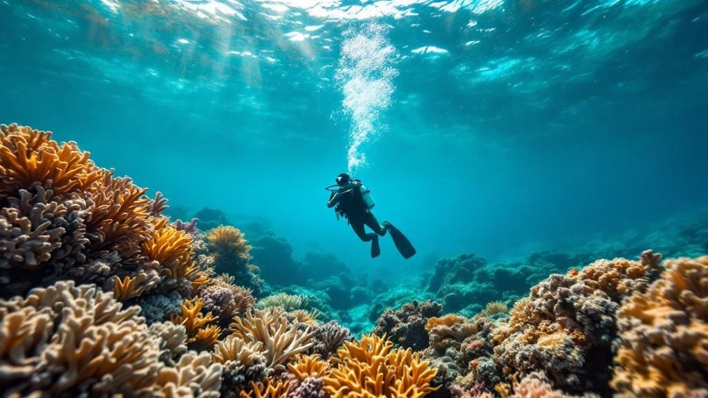 Scuba diver swimming over a coral reef on the Big Island
