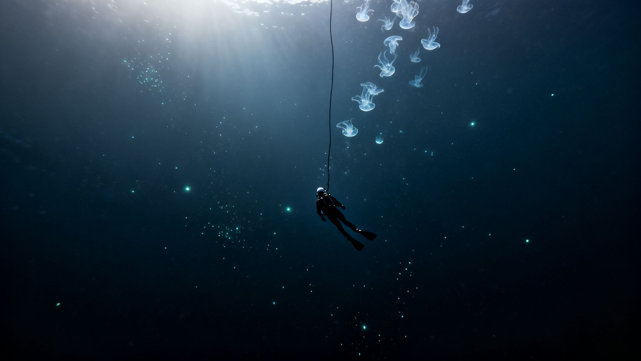 A lone scuba diver hangs from a rope in deep ocean, surrounded by jellyfish and glowing plankton.
