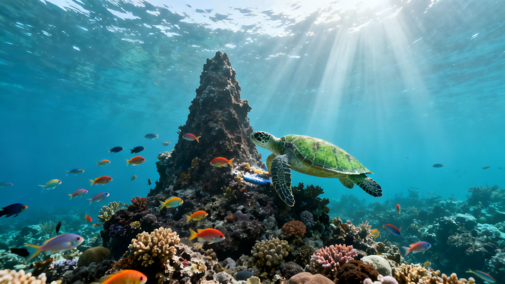 An underwater scene with a green sea turtle swimming above a vibrant coral reef, filled with colorful fish and sun rays.