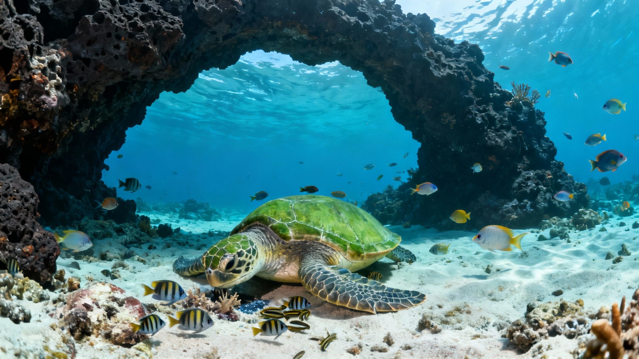 A green sea turtle rests on a sandy ocean floor under a rock arch, surrounded by colorful fish.