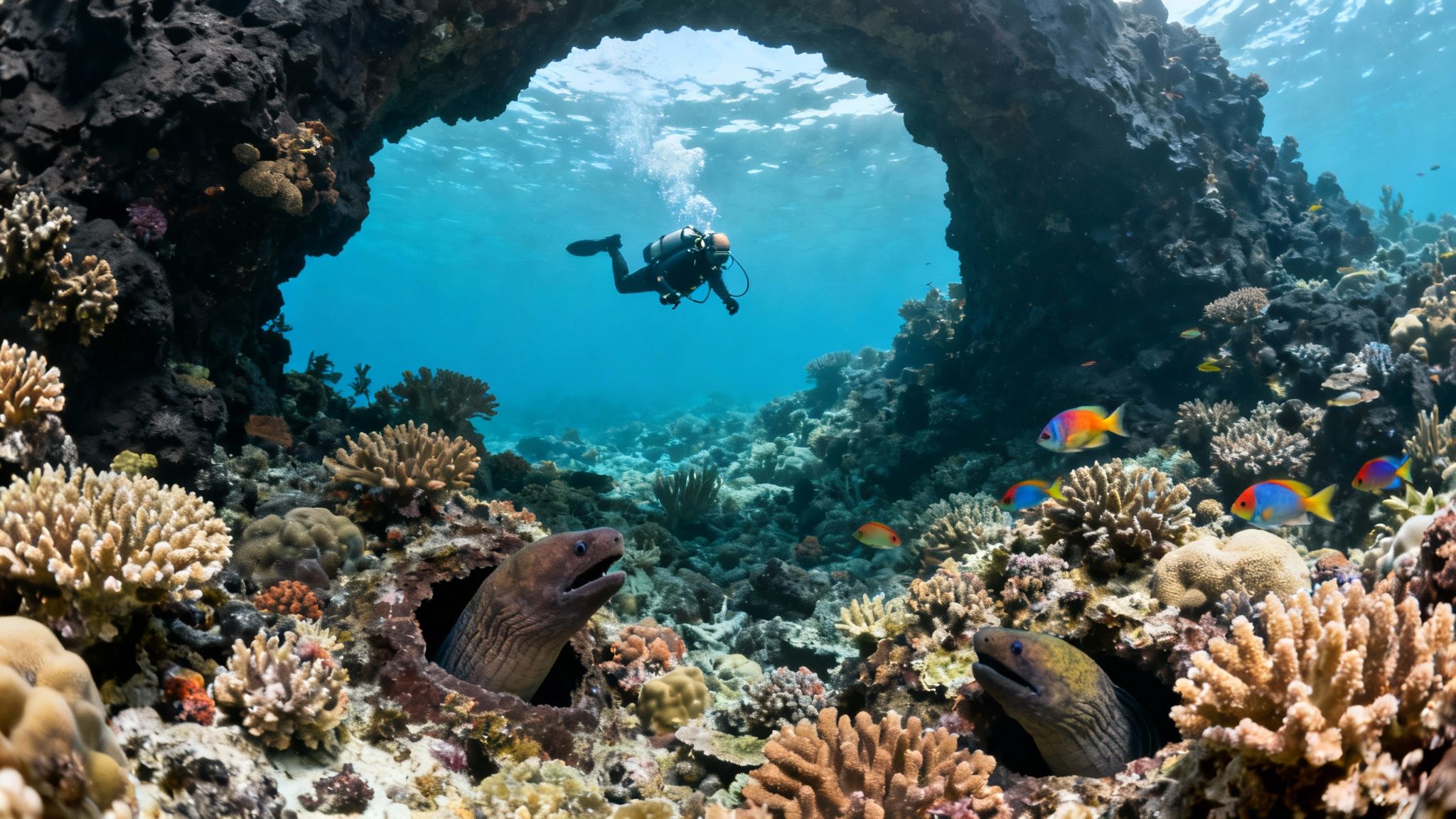 A scuba diver explores a vibrant coral reef, with sunlight filtering through the clear blue water of the Big Island.