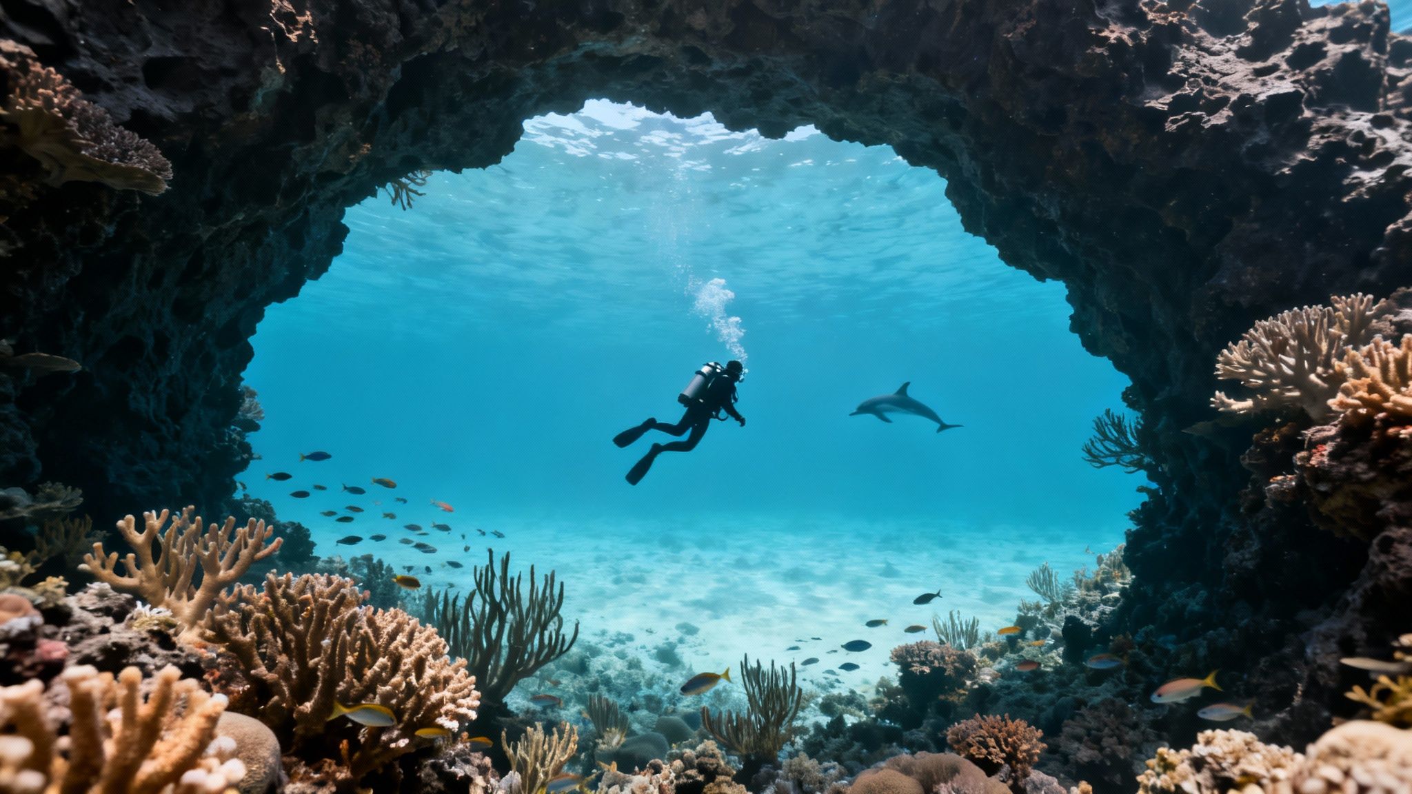 A scuba diver with a dolphin swims out of a vibrant coral-filled underwater cave into clear blue water.