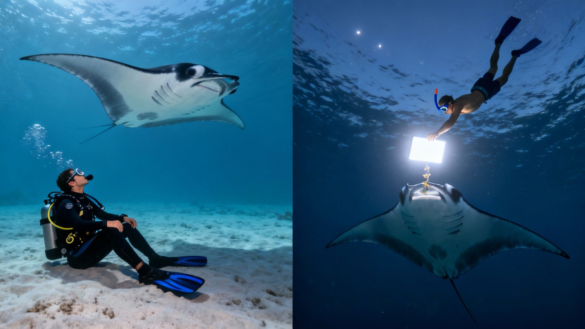 A diptych showing a scuba diver observing a manta ray and a snorkeler feeding one at night.