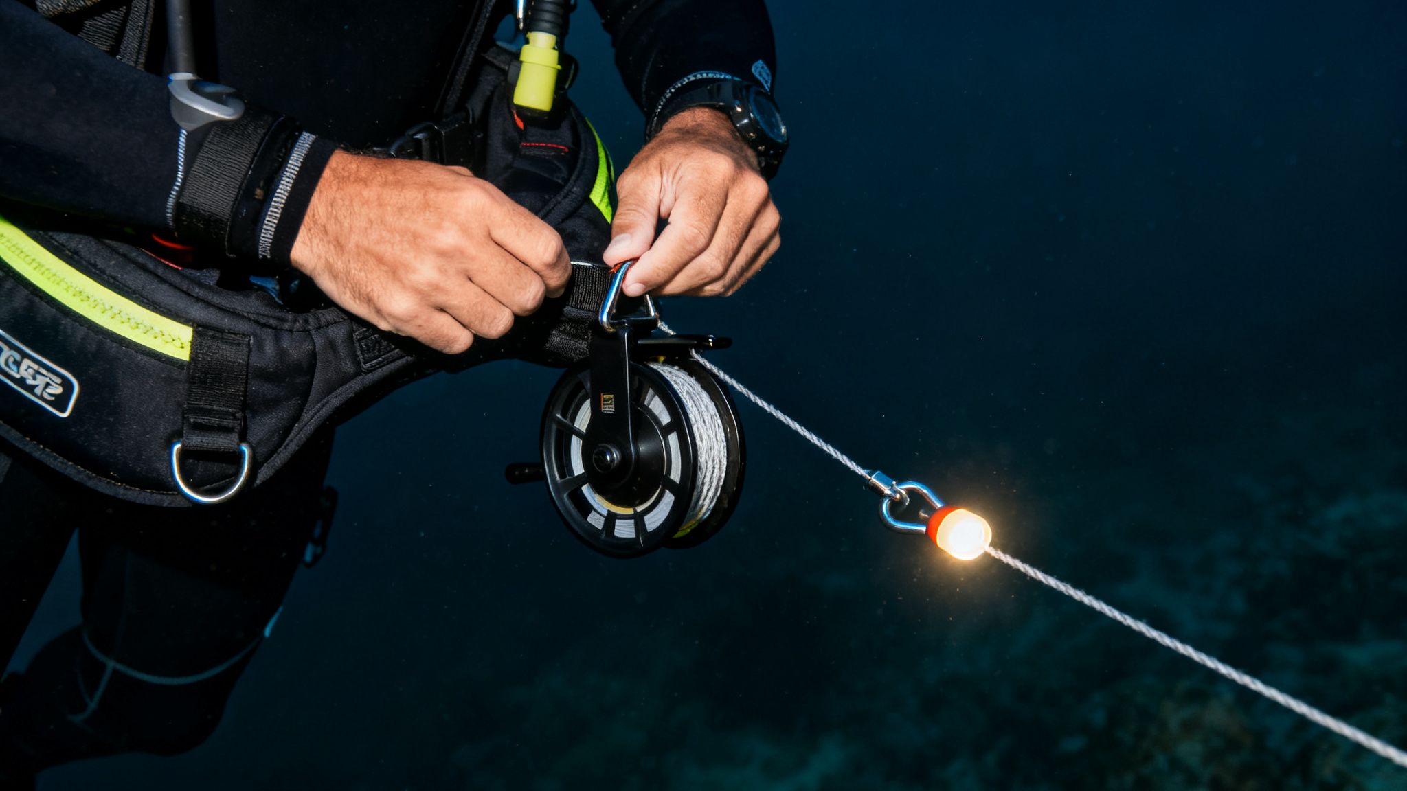 Underwater view of a diver's hands managing a diving reel with a luminous beacon attached.