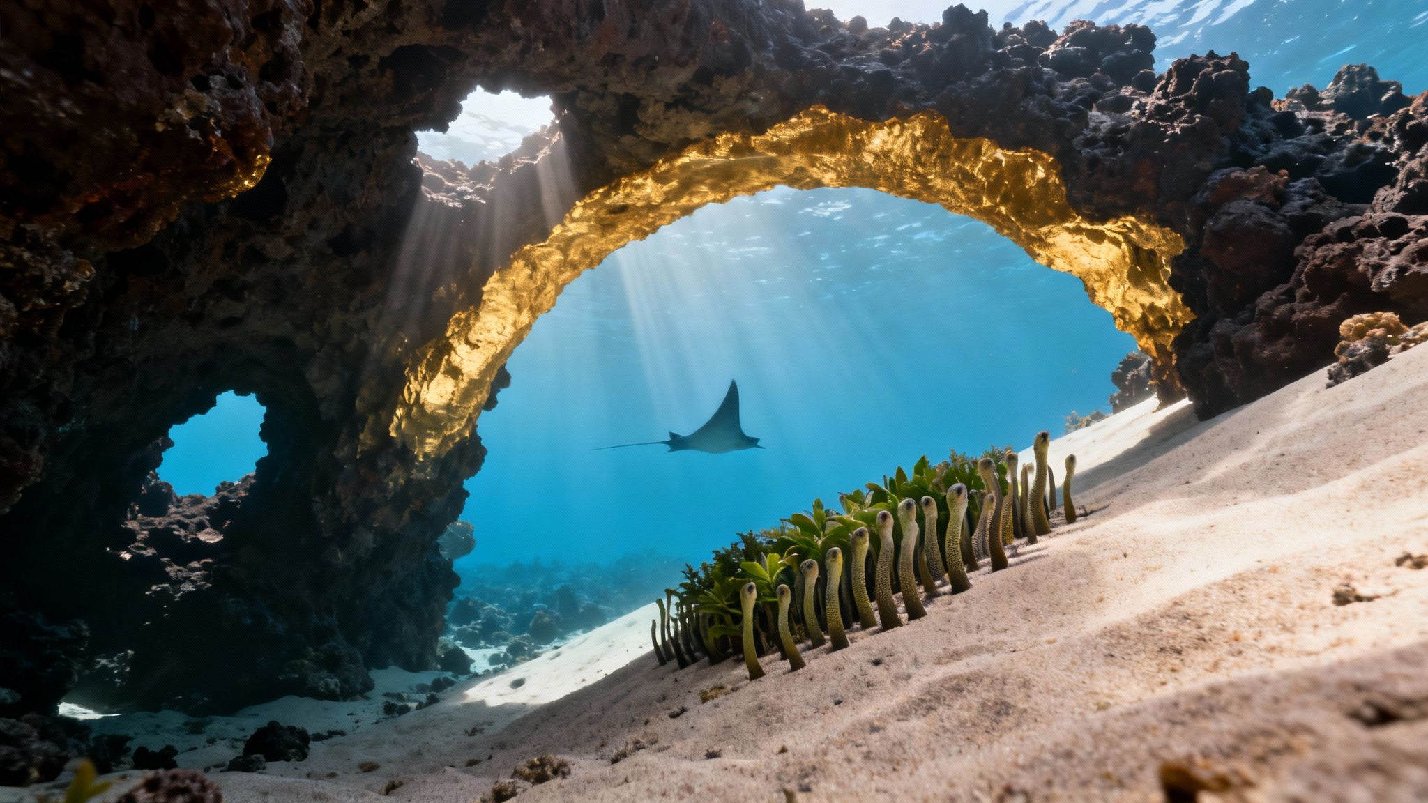 A spotted eagle ray swims through a sunlit underwater archway with garden eels on sandy seafloor.