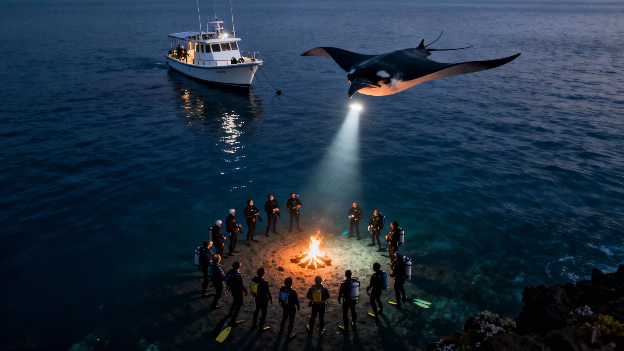 A group of scuba divers on the ocean floor at night, shining their lights up as a manta ray glides gracefully above them.