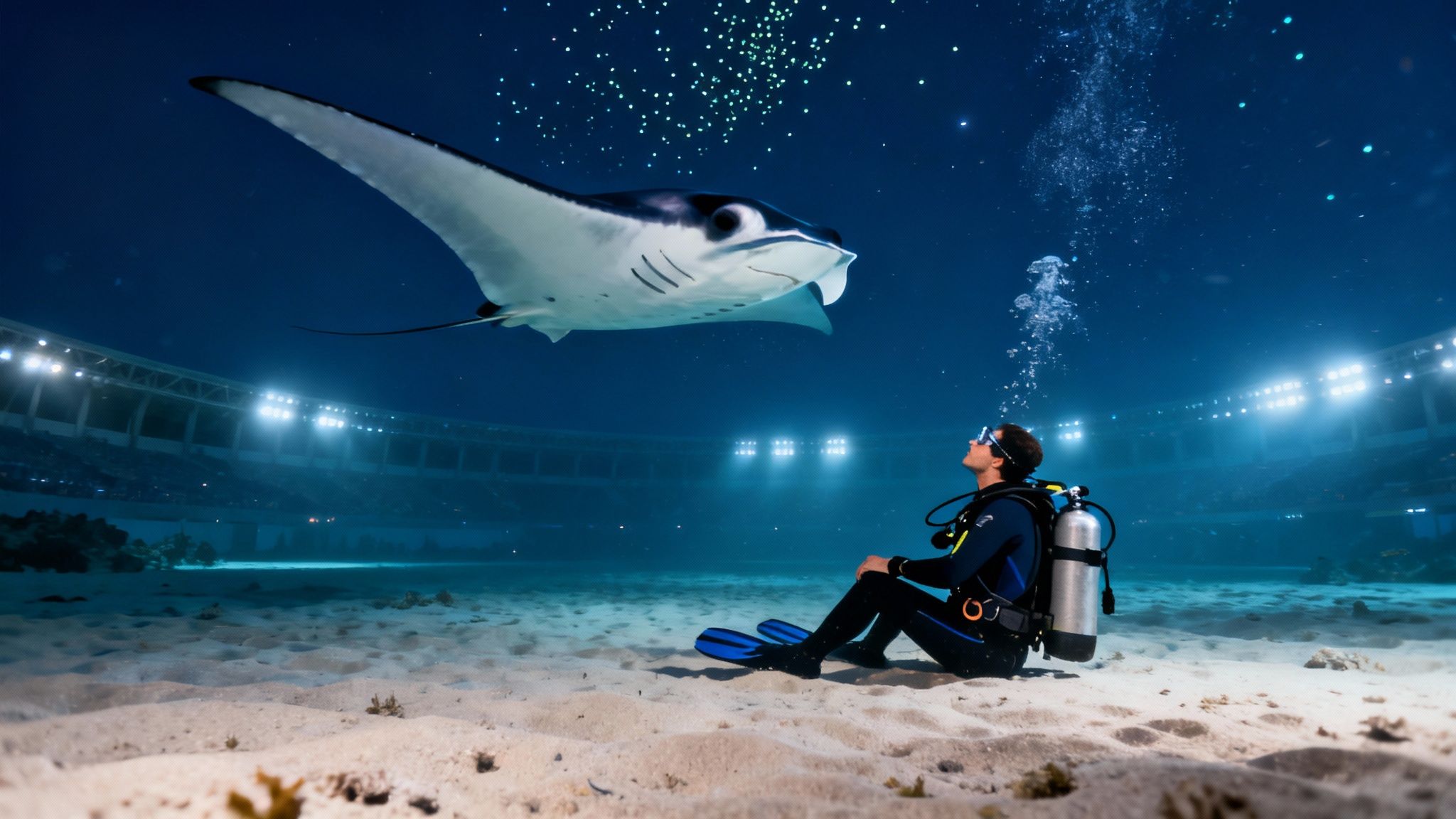 A scuba diver kneels on the ocean floor as a large manta ray glides gracefully overhead.