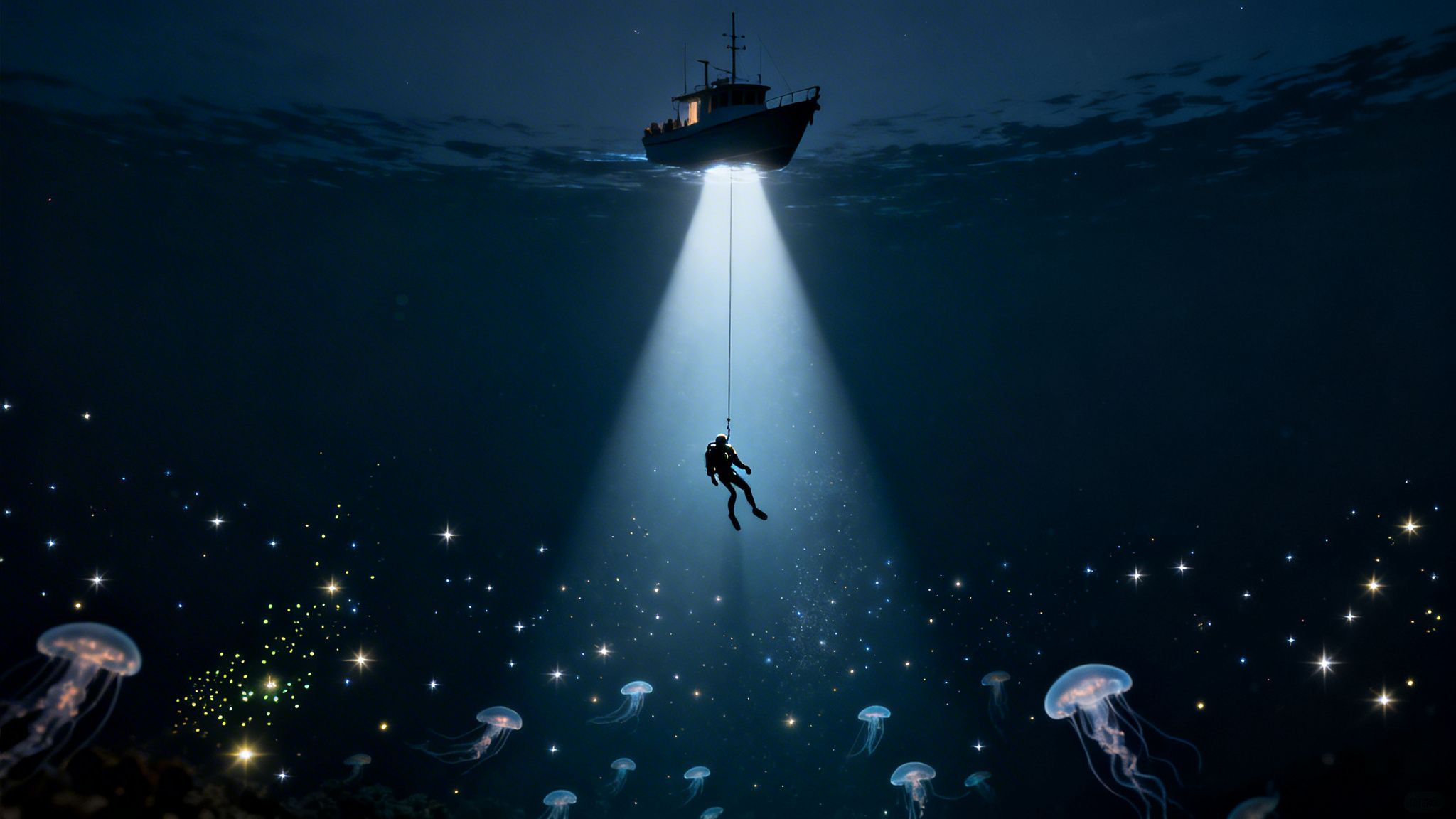 A diver descends into a glowing deep ocean from a boat's bright light, surrounded by bioluminescent jellyfish.