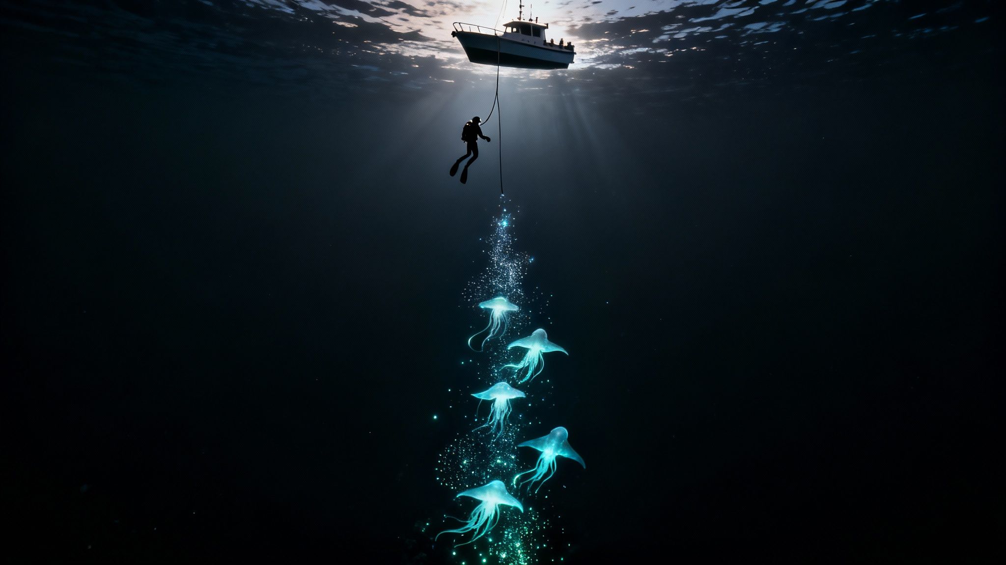 A scuba diver shines a light on bioluminescent organisms during a blackwater dive in the deep ocean off the coast of Kona, Hawaii.