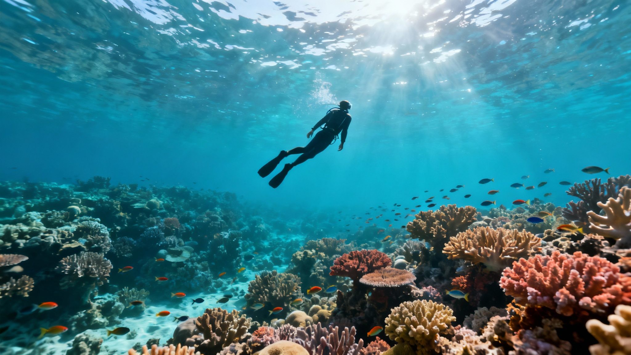 A school of yellow tang fish swims over a vibrant coral reef on the Big Island.