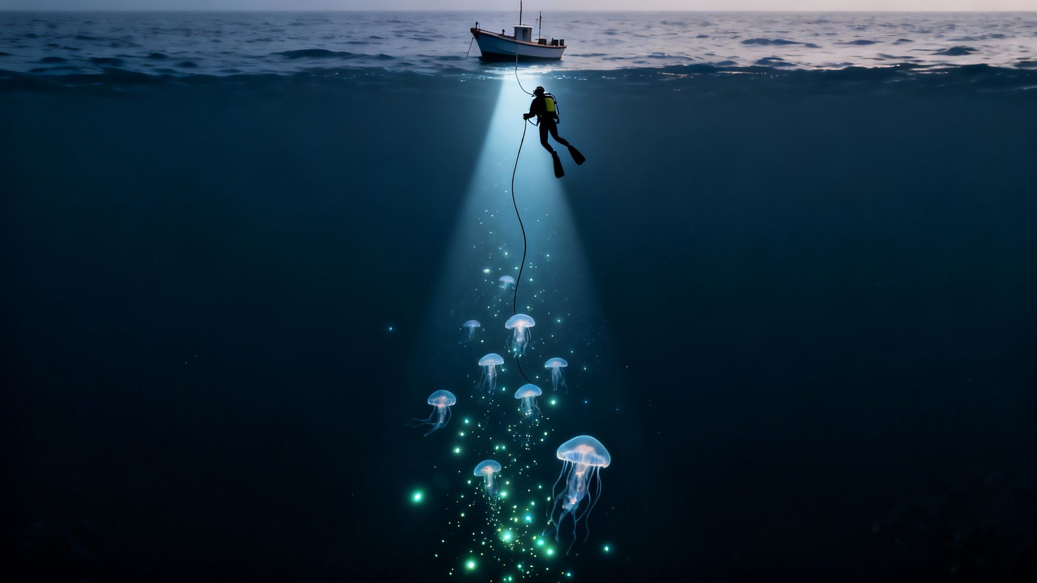 A diver descends into the deep ocean from a boat, shining light on numerous glowing jellyfish.