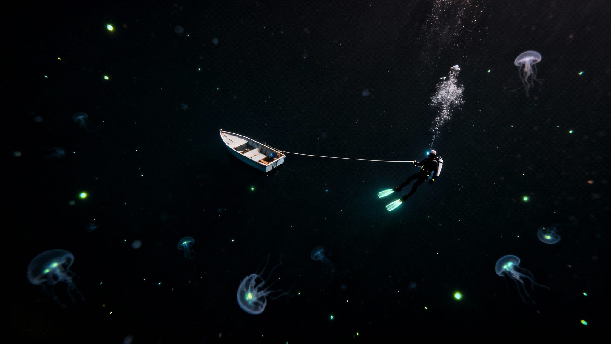 Scuba diver tows a small rowboat in dark ocean depths amidst glowing jellyfish.