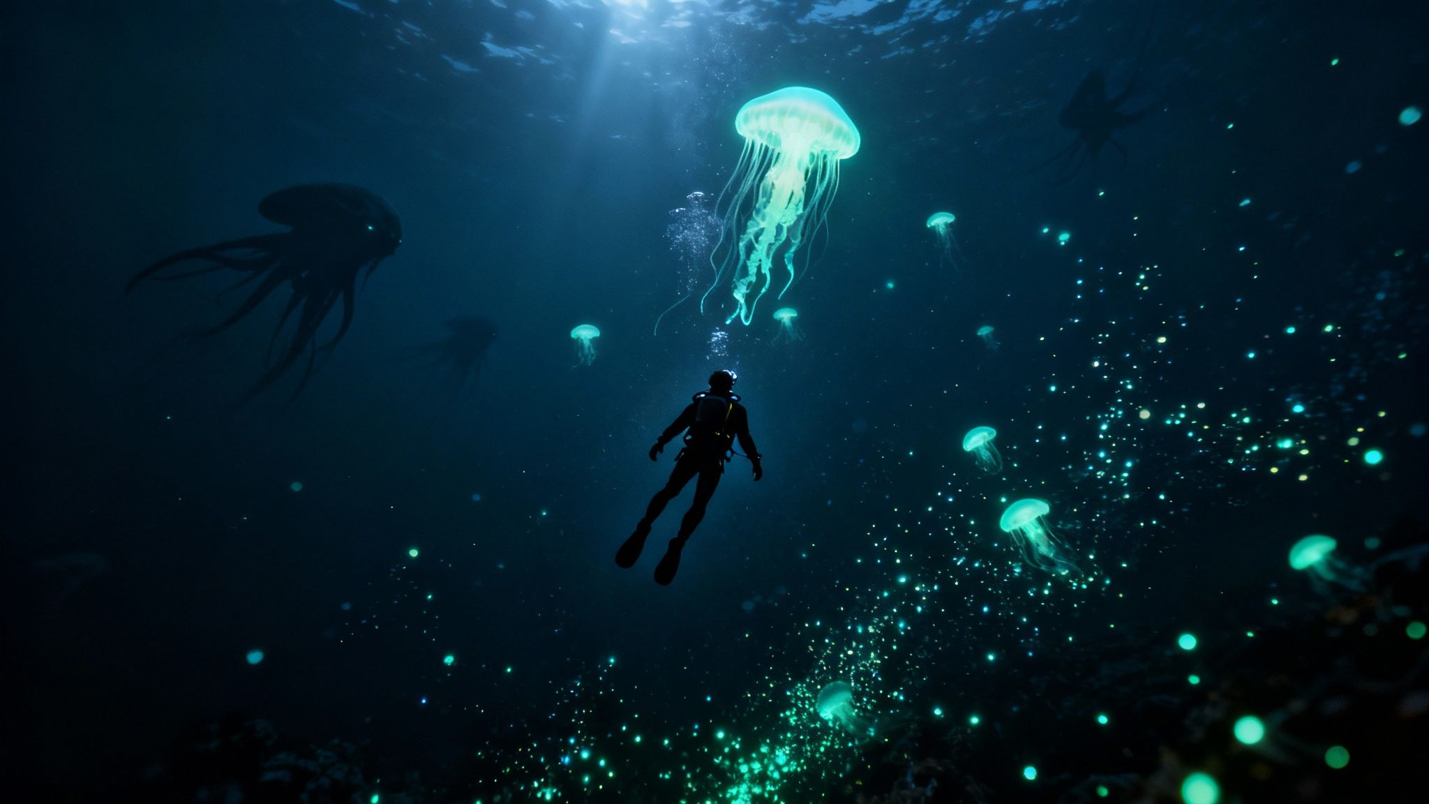 A strange, bioluminescent jellyfish-like creature floating in the pitch-black water of the deep ocean.