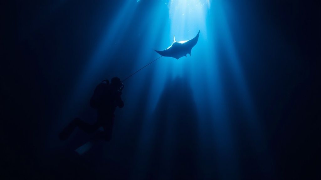 A group of manta rays gracefully swimming at night, illuminated by dive lights.