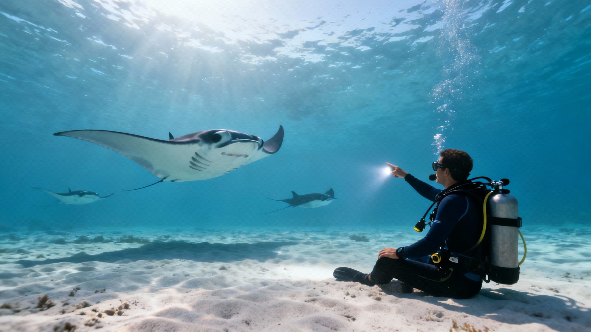 A diver points a bright light at a majestic manta ray underwater on a sandy seafloor.