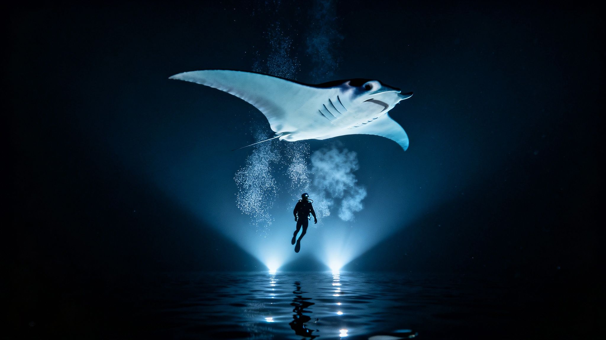 Divers watching a large manta ray swim overhead at night in Kona, Hawaii.