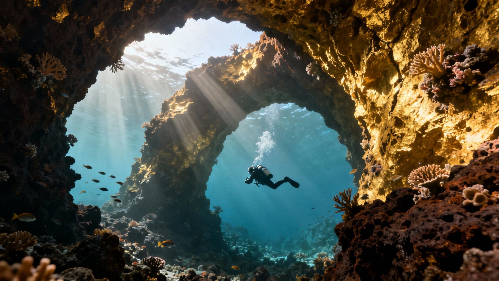 A scuba diver swims through a sunlit underwater archway, surrounded by vibrant coral reefs.