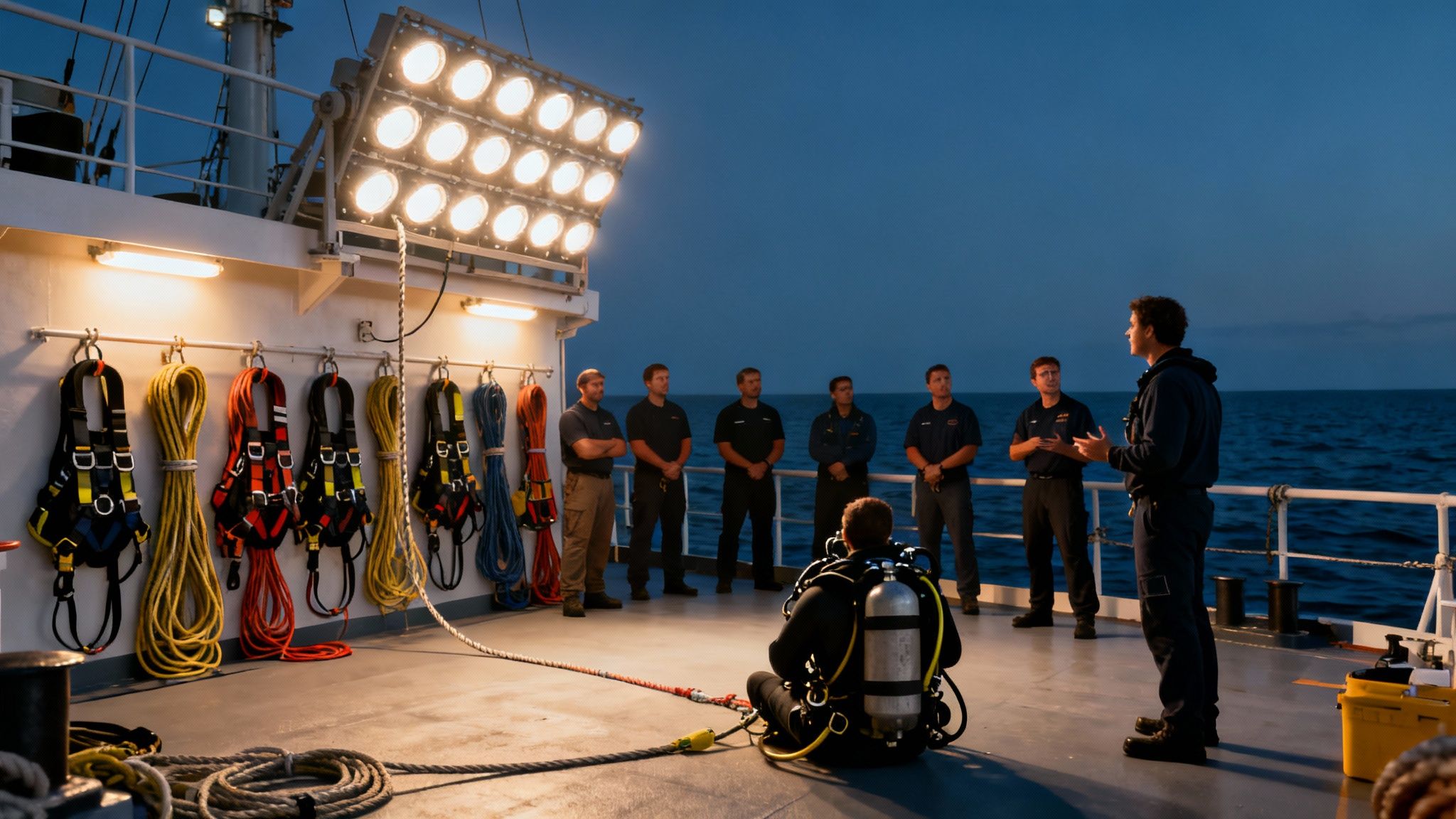 A group of divers and crew on a boat deck, illuminated by bright lights at sea.