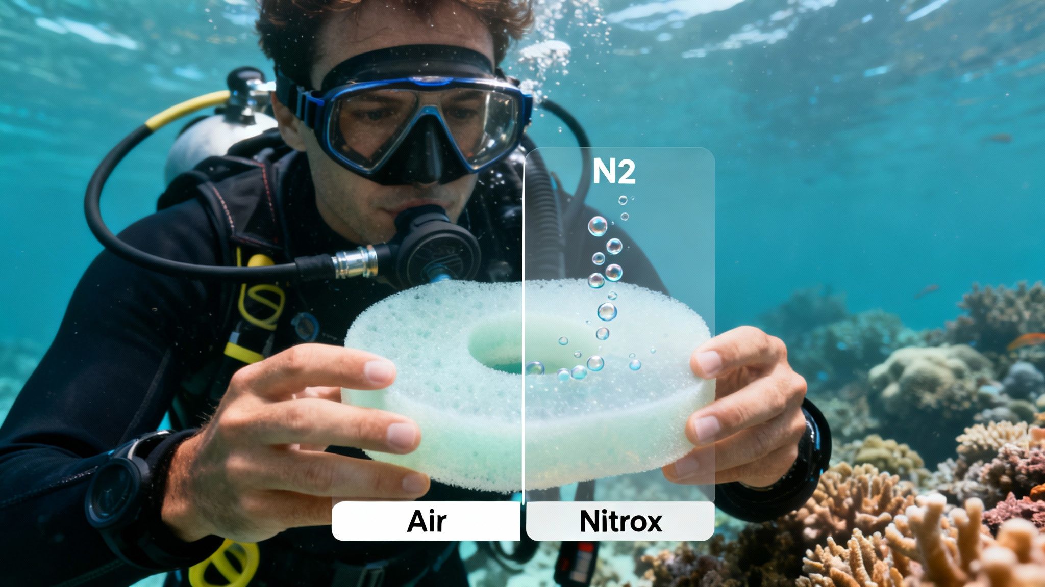 Underwater diver compares air and nitrox, illustrating fewer nitrogen bubbles when using nitrox.