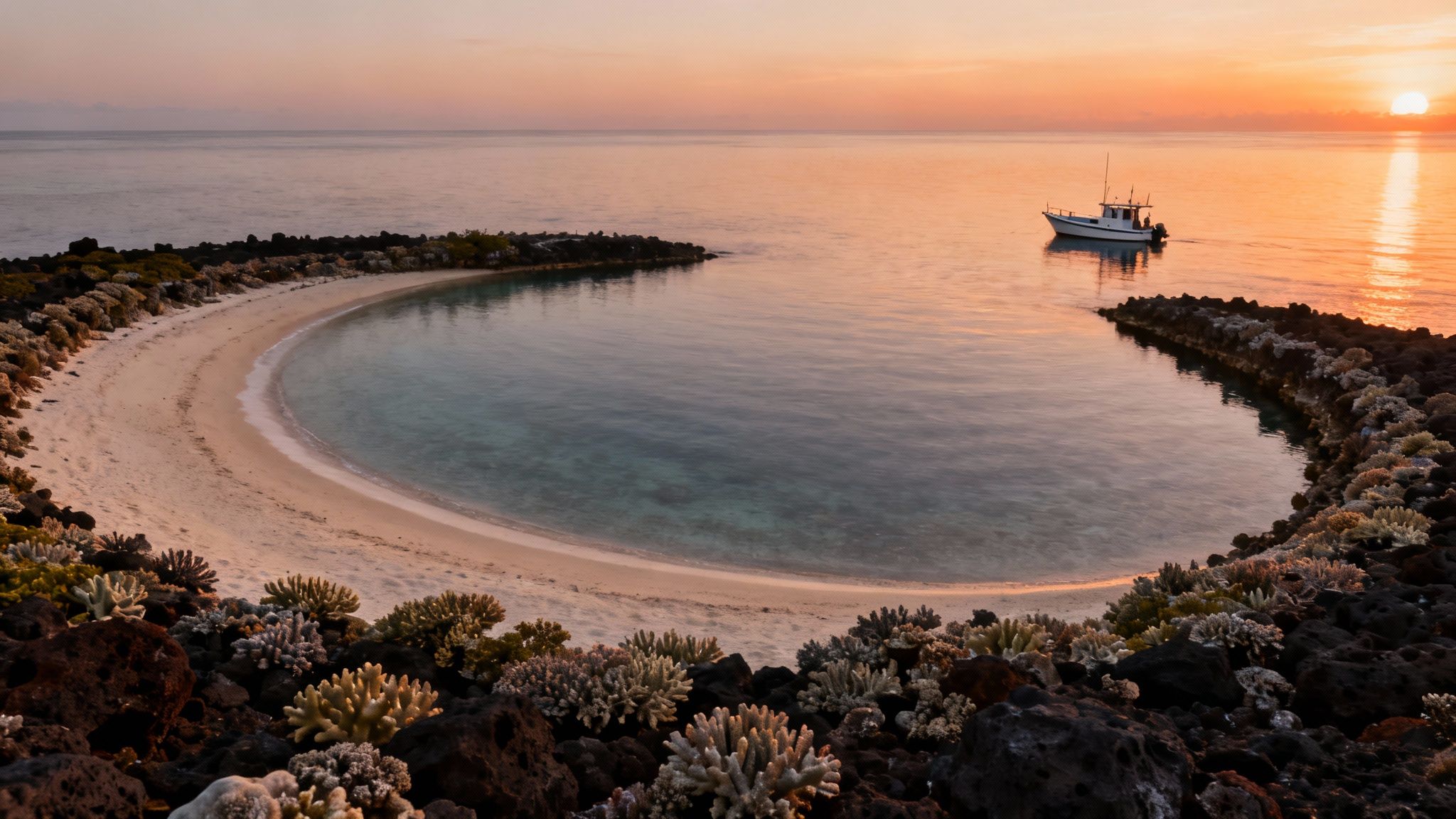 Golden sunset illuminates a peaceful bay with a sandy beach, a boat, and vibrant coral formations.