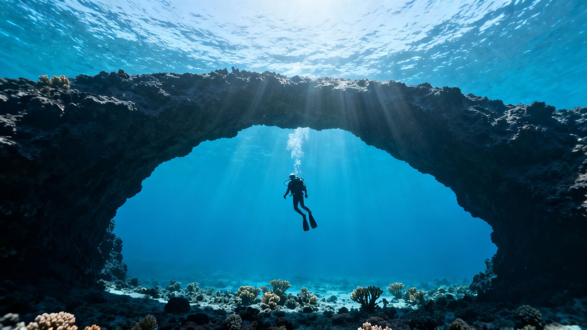 A lone scuba diver floats through an ancient underwater arch, illuminated by sun rays.