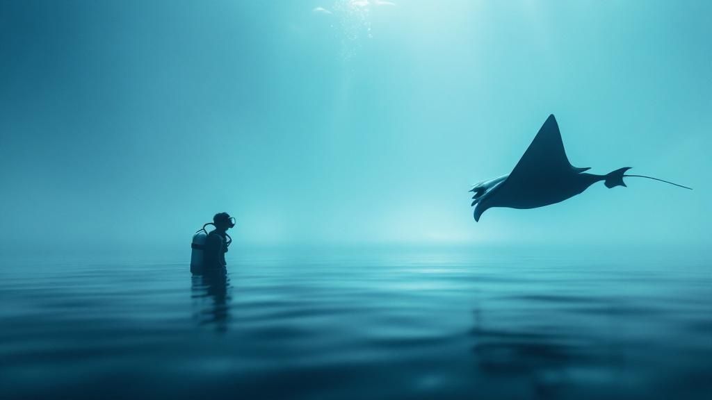 A large manta ray swimming directly over a diver's head, showing the unique spot pattern on its belly.