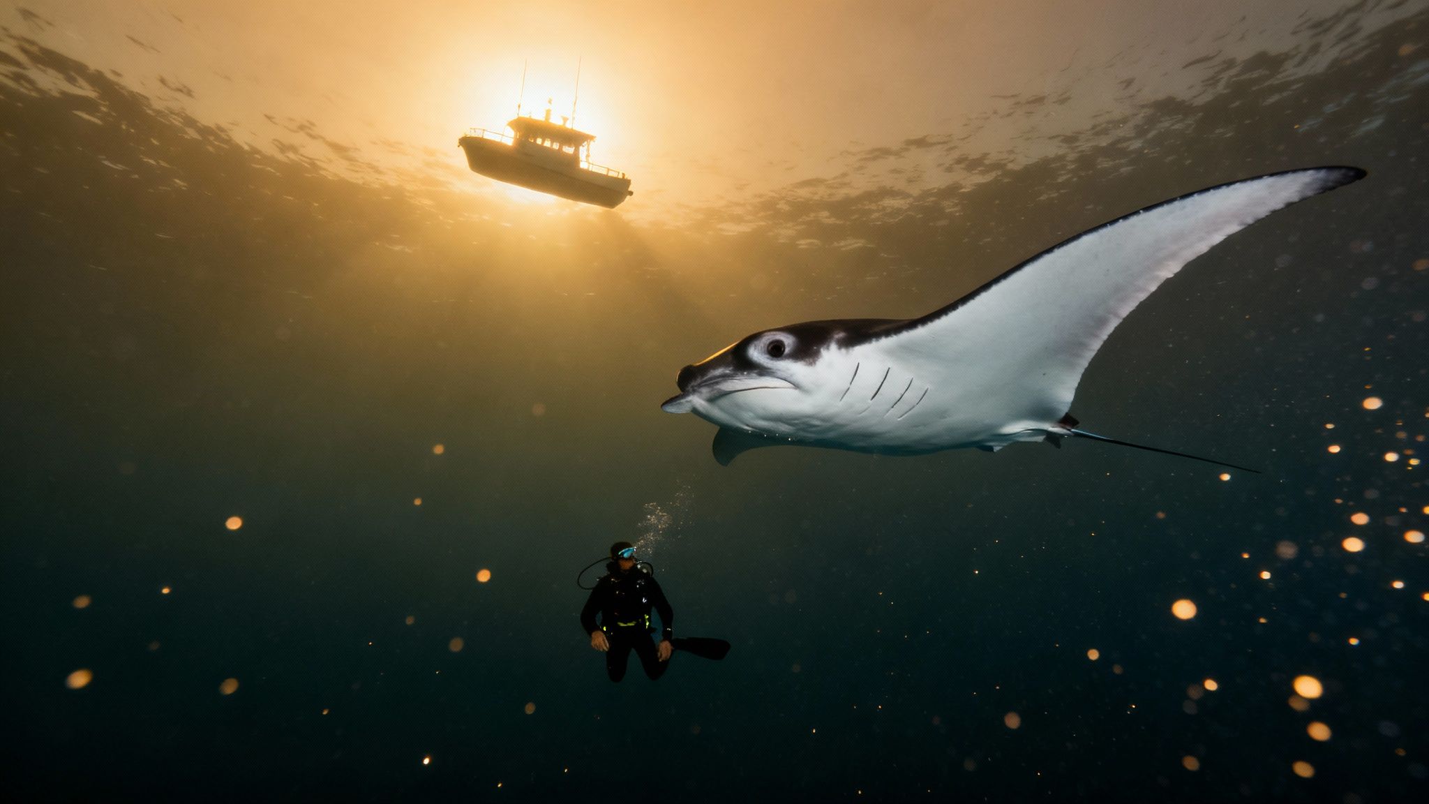 Gentle manta ray gliding gracefully through illuminated water during a night dive in Kailua Kona, Hawaii.
