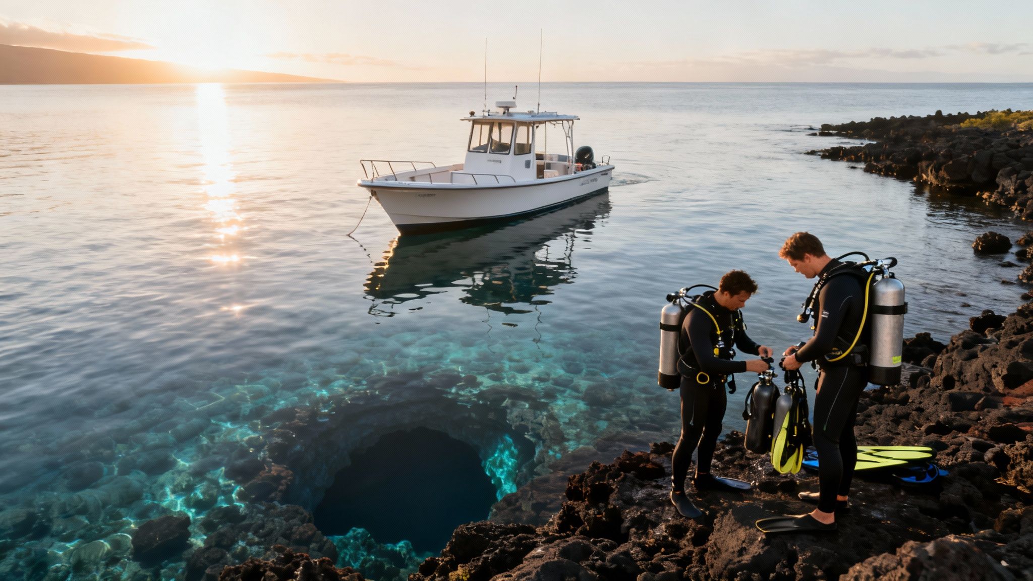 Two divers in wetsuits prepare their scuba gear on a rocky shore with a boat and clear water.
