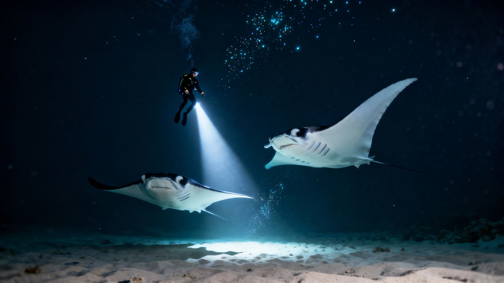 A group of scuba divers watch several large manta rays swim gracefully overhead at night in Kona, Hawaii.
