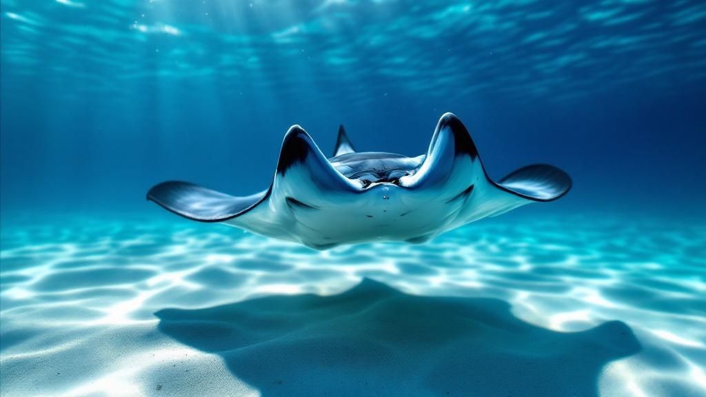 A scuba diver kneels on the sandy ocean floor, looking up at a manta ray gliding overhead.