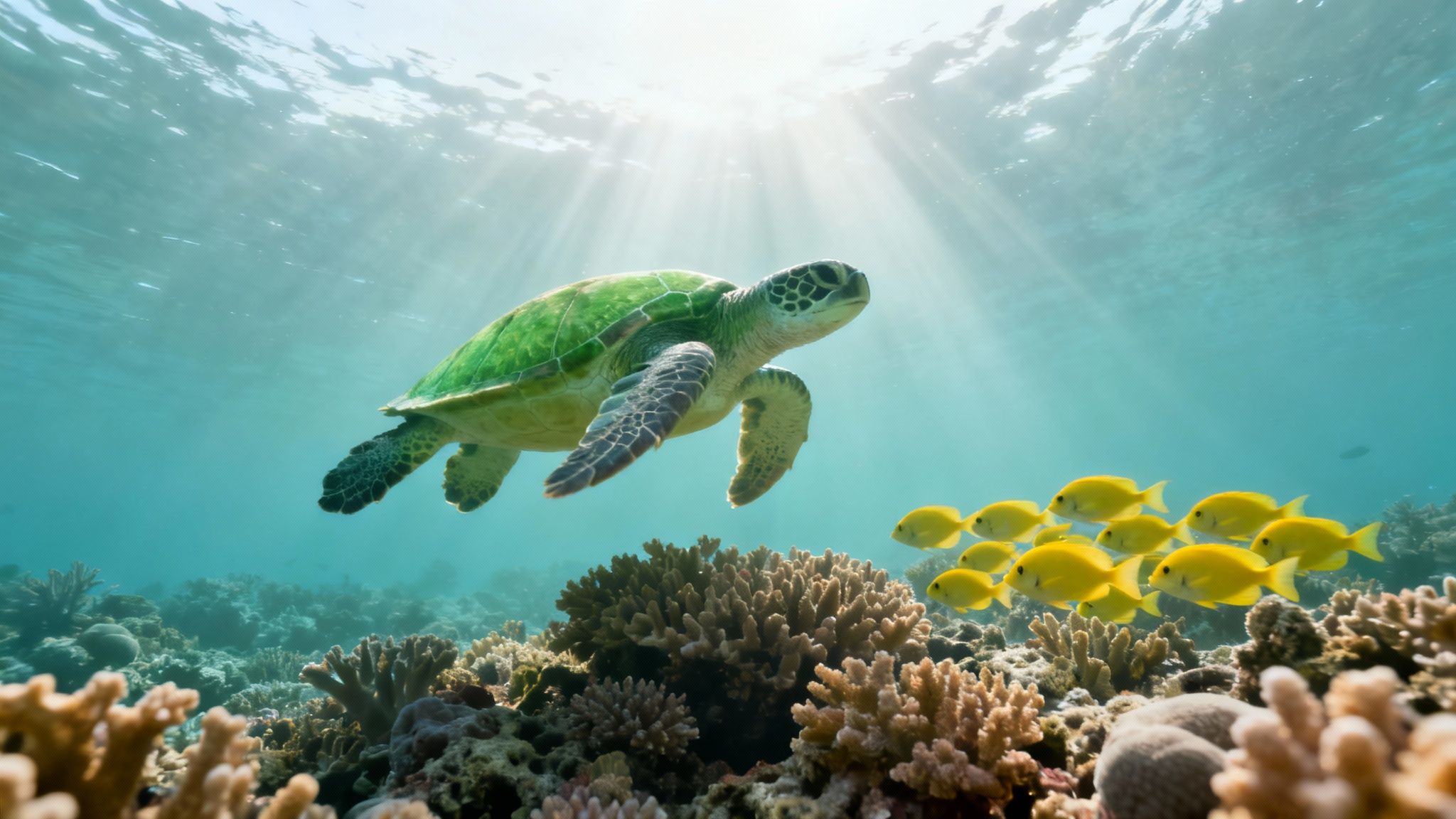 A green sea turtle swims above a colorful coral reef, joined by a school of yellow fish.
