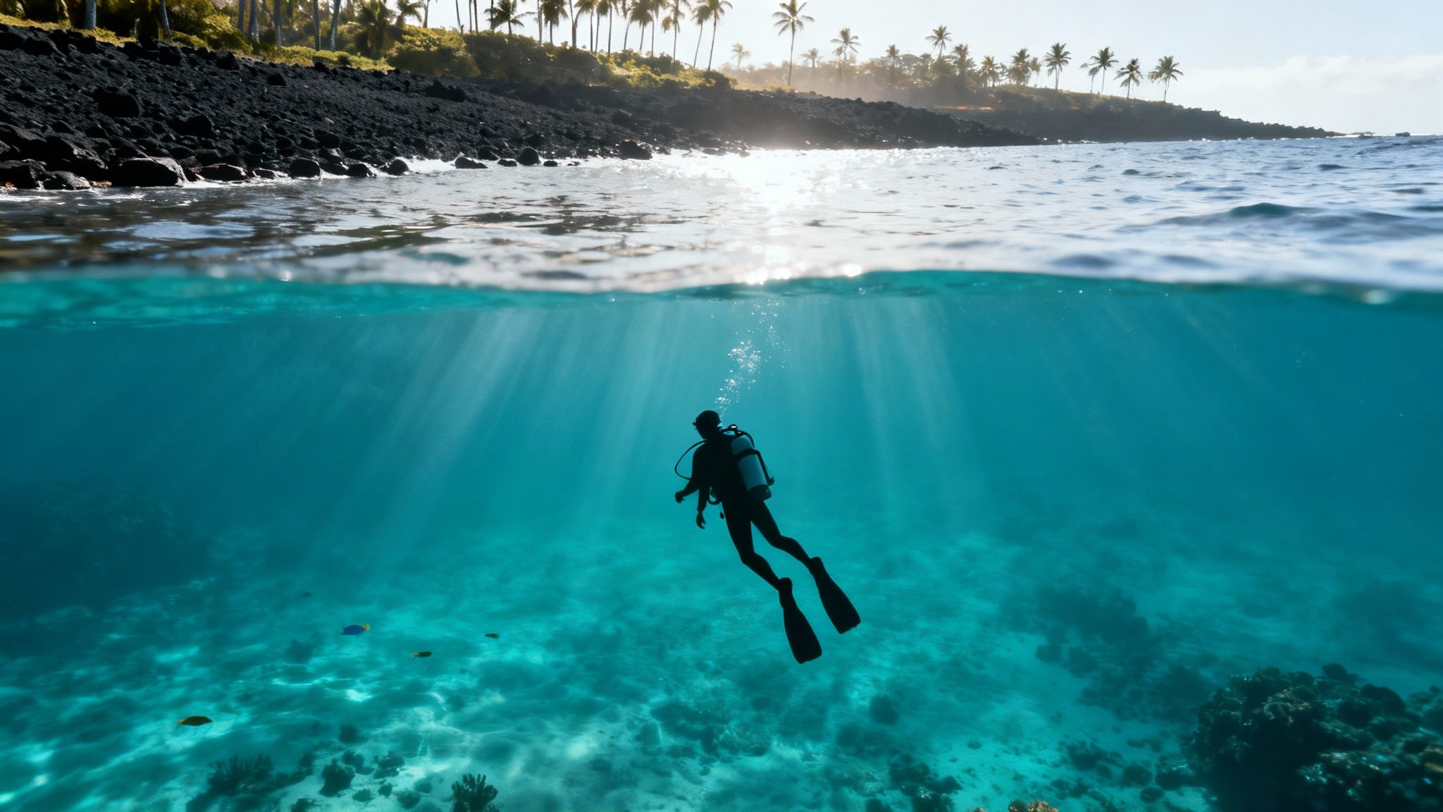 A split-level view of a scuba diver underwater and a sunny Hawaiian volcanic coastline with palm trees.